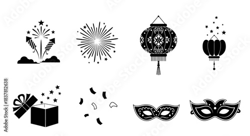 Celebratory black silhouettes featuring fireworks, lanterns, masks, and confetti for festive occasions and joyous celebrations