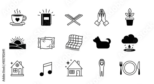 Cozy home essentials and lifestyle icons illustrating peace, relaxation, and moments of joy, perfect for design needs.