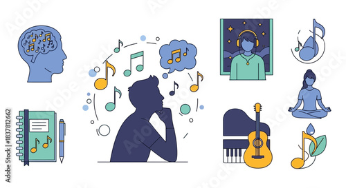Creative concept of musical thoughts, meditation, and artistic inspiration with musical notes and instruments