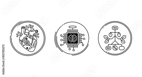 Innovative concepts merging human heart, digital brain, and decision-making flowcharts in a creative minimalist design
