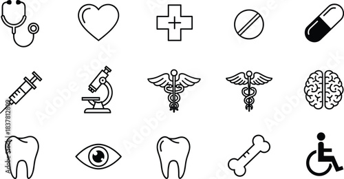 Medical vector icons set on transparent background with heart cross syringe brain tooth