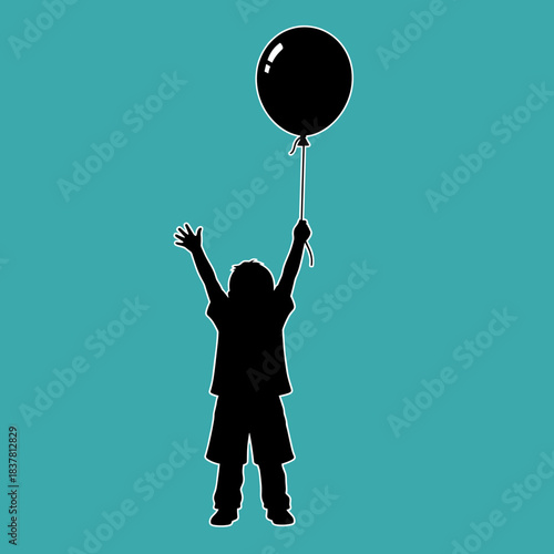 Child Silhouette Holding Black Balloon on Teal. Minimalist graphic art symbolizing childhood joy, freedom, and dreams.