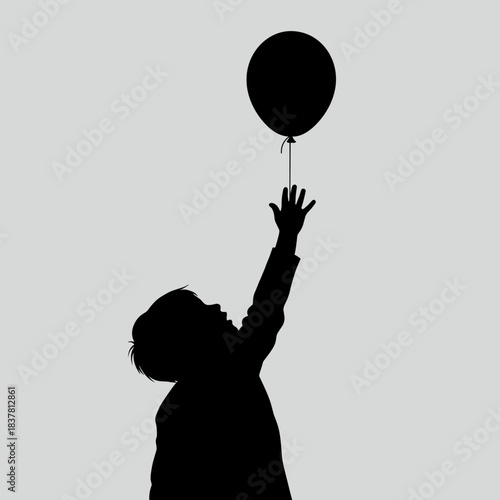 Minimalist black silhouette of a child reaching for a floating balloon on a light grey background, symbolizing hope or loss.