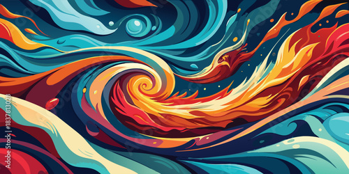 Abstract artistic waves of fire and water create a dynamic and colorful background design
