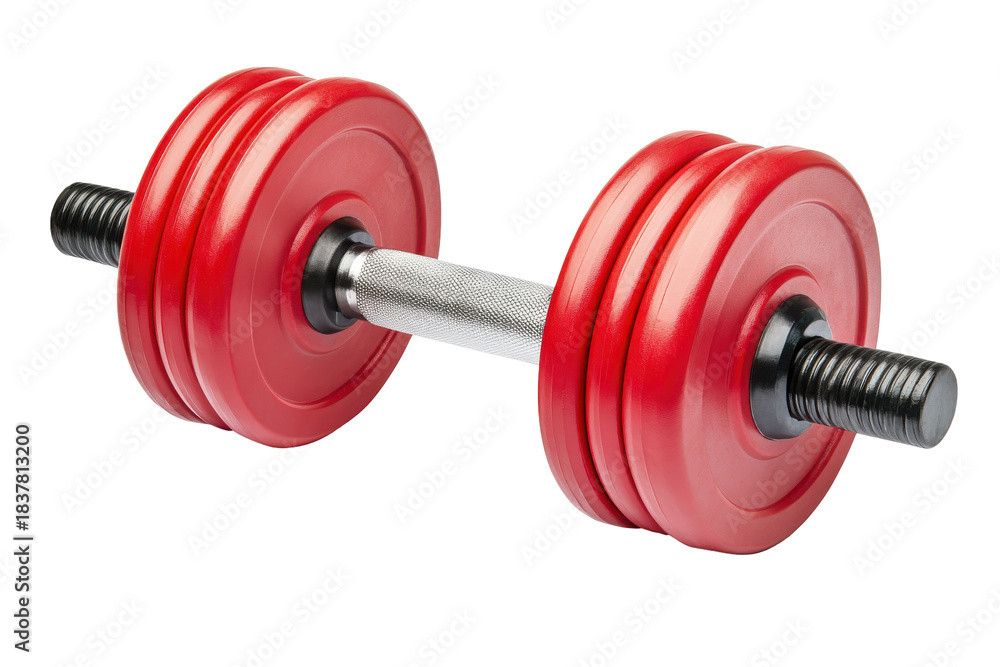 Naklejka premium Red adjustable dumbbell with chrome handle isolated on transparent background. Dumbbell in vibrant red color isolated on white background.