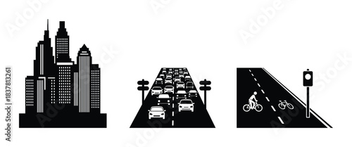City skyline. Busy highway. Bicycle lane. Urban transport. Modern street infrastructure.