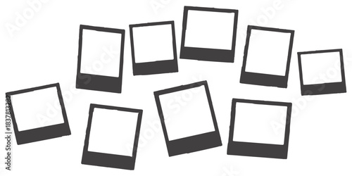Scattered empty instant photo frames on a white background isolated on white background