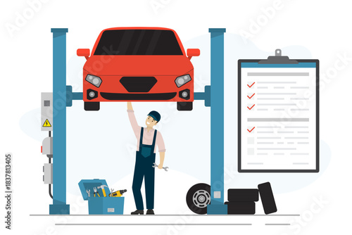 Car lift in garage. Car service and repair. Mechanic standing under the lower body and repairing car lifted on auto hoist. Front view. Auto repair service center. To do list, tasks.