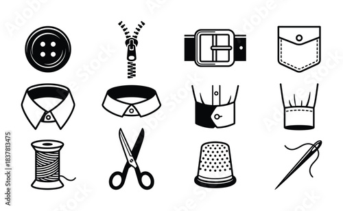 Clothing accessories icons. Button, zipper, collar, cuff. Tailoring, fashion, apparel, garment symbols.