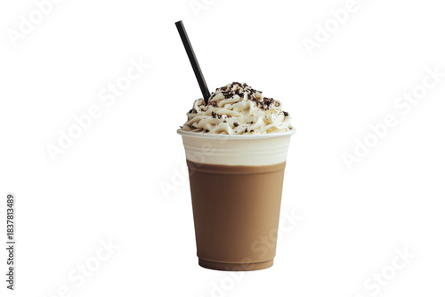 Delicious chocolate frappe with whipped cream and sprinkles isolated on transparent background. Frappuccino in take away cup with straw isolated on white background.