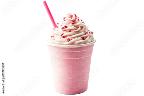 Delicious frappuccino with whipped cream and sprinkles isolated on transparent background. Frappuccino in take away cup with straw isolated on white background.