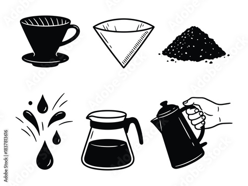 Coffee making tools outline. Pour over filter. Coffee grounds. Carafe and hand holding kettle.