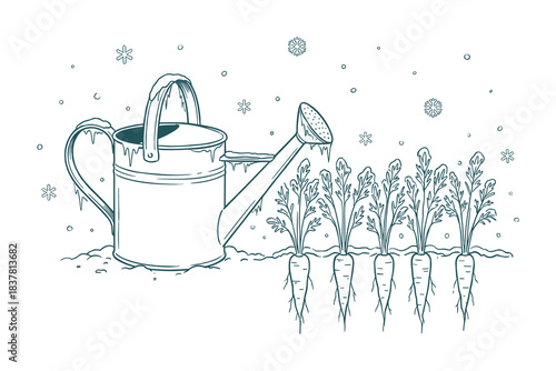 Cold weather illustration with gardening tools and vegetables. Frosty day in carrot patch.
