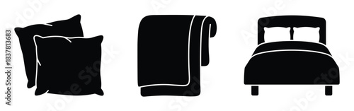Collection of bedding items including pillows, blanket, and bed glyphs for bedroom comfort and sleep.
