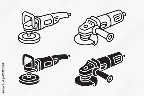 Angle grinder, Disc grinder, Rotary grinder line art icon set. Power grinder, Grinding tool silhouette symbol pack. Workshop, Metalwork, Fabrication, Industrial, Repair, Garage. Vector illustration