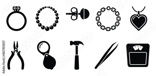 Collection of jewelry items and tools, vector illustration of precious stones, craft equipment