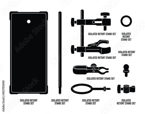 Comprehensive set of retort stand components, featuring a base, rod, various clamps, and rings