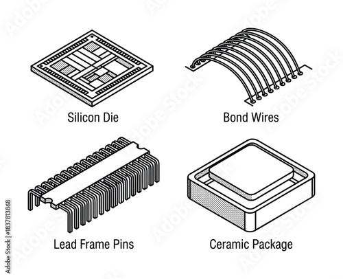 Computer chip components set. Silicon die, bond wires, lead frame pins, and ceramic package parts.