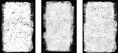 Grungy textured poster layers set. Border frame rough edges and overlay texture for brochure, social media, posters, flyers.Textured banner with Distress, speckled effect .Vector screen print texture 