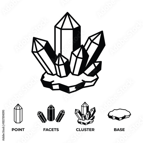 Crystal gem stone types. Point, facets, cluster, and base vector icons. Mineral rocks and healing stones set.