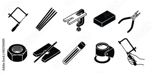 Craftsmanship tools, jewelry making equipment, repair work instruments, isolated line icons set