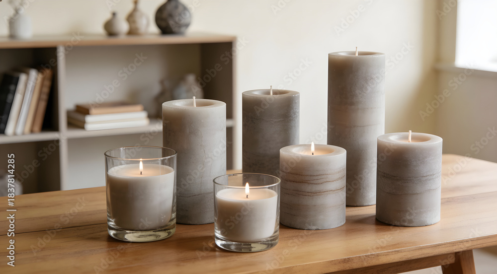 Naklejka premium Set of grey pillar and glass candles on wooden table in modern home interior