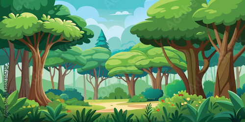 Cartoon forest scene with lush trees, vibrant greenery, and a winding path under a cloudy sky
