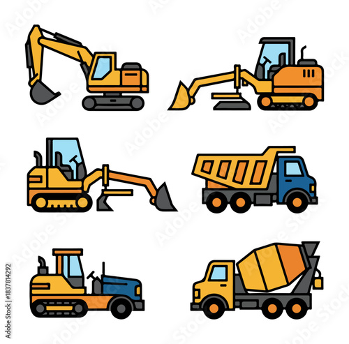 Construction vehicles set on black background excavators loaders trucks