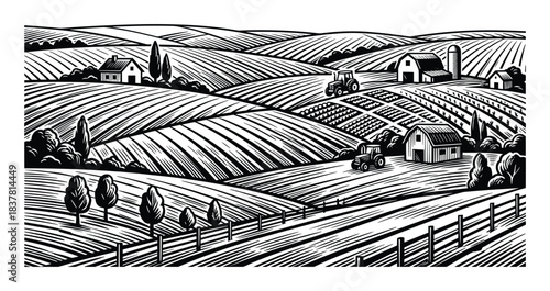 Detailed farm landscape with barns, tractors, fields, fences, trees on rolling hills under wide sky.