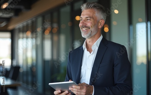 Happy middle aged business man ceo wearing suit standing in office using digital tablet. Smiling mature businessman professional executive manager looking away thinking working - generative ai