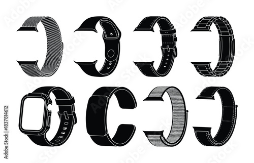 Different smart watch bands and straps. Accessories for wearable devices. Modern watchband vector icons.