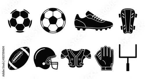 Different sports equipment icons. Football and soccer elements. Collection of athletic gear vector.