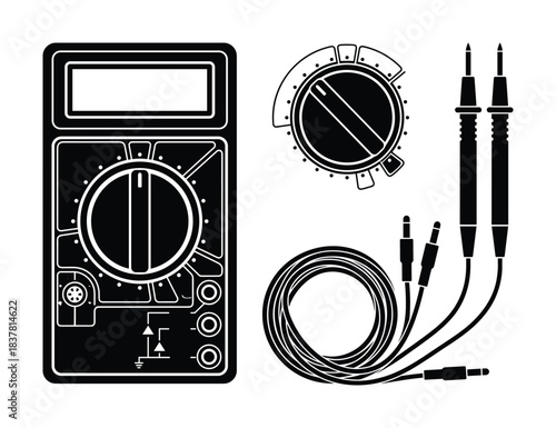 Digital multimeter with display. Rotary switch. Test leads for various electrical measurements.