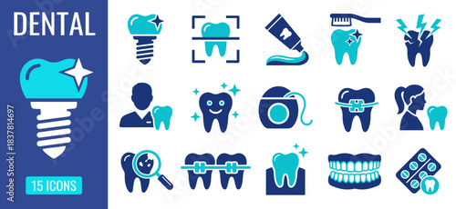 Dental icons set representing oral care, tooth treatment, hygiene procedures, orthodontics, dental diagnostics,  and professional dentistry services.