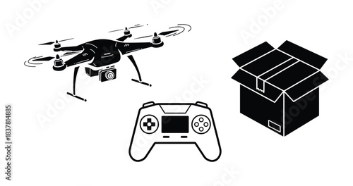 Drone delivery system. Remote controller and package box. Modern logistics and air shipping.