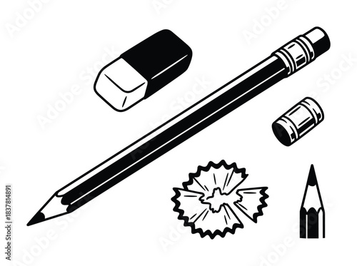 Drawing tools collection. Pencil and eraser. Pencil sharpener shavings. School supplies. Writing implements.