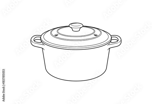 Dutch oven pot. Enamel pot. Cooking pot. Kitchenware. Covered casserole. Cooking equipment line art.