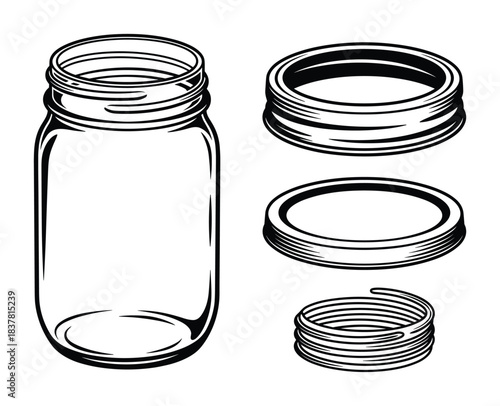 Empty glass canning jar with various lid components including a band, a flat lid, and a spiral band