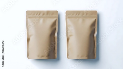 Two Blank Kraft Stand-Up Pouches With Zippers Offer Customizable Retail Packaging Mockups. Ideal For Coffee, Food, Or Snack Branding Presentation.
