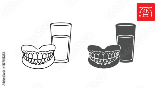 Dentures and Glass of Water Line and Glyph Icon. Full Denture Teeth Vector Illustration for Dental Care and Oral Hygiene.
