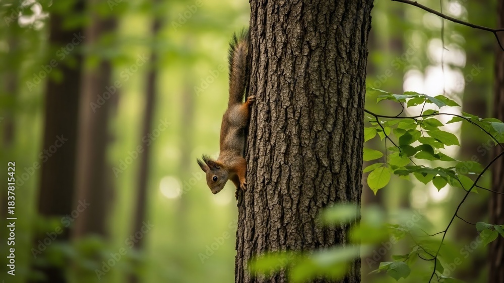Fototapeta premium Squirrel on a Tree Trunk in a Lush Forest.