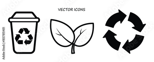 Environmental icons. Recycle cup. Green leaves. Arrows. Ecology. Sustainability. Nature. Eco-friendly.