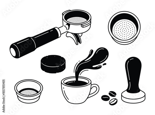 Espresso machine tools. Portafilter, tamper, coffee cup, and roasted beans. Coffee splash.