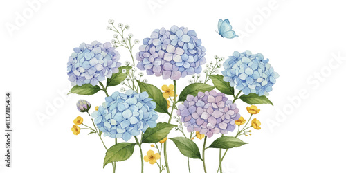 Watercolor painting of blue and purple hydrangeas with butterfly