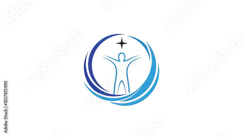 A blue circular logo featuring a human silhouette within its design