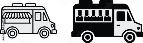 Black and white food truck icons with awning details illustrated in simple minimal vector style for branding and signage designs