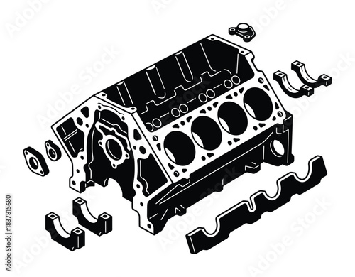 Exploded view V8 engine block. Disassembled engine components. Automotive engineering diagram. Mechanical parts illustration.