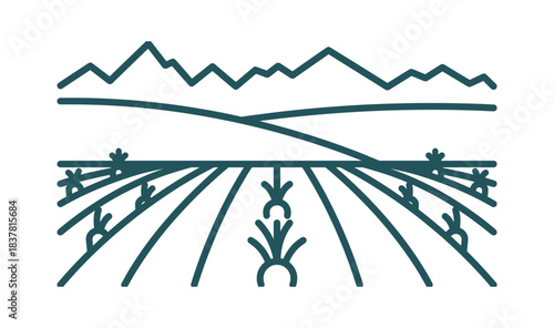 Farm landscape icon. Cultivated fields and mountains. Agriculture symbol. Minimalist nature design.