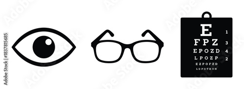 Eye exam icons. Eye glasses vision test elements. Snellen chart for eyesight checkup.