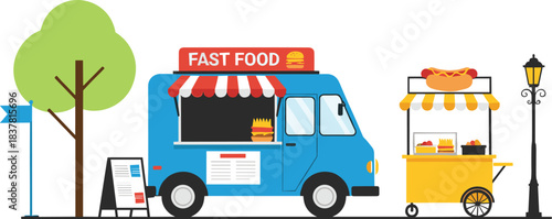 Bright fast food truck with hot dog cart, menu board and street elements illustrated in modern colorful flat vector style